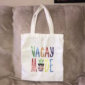 White canvas 'Vacay Mode' Tote Bag stained